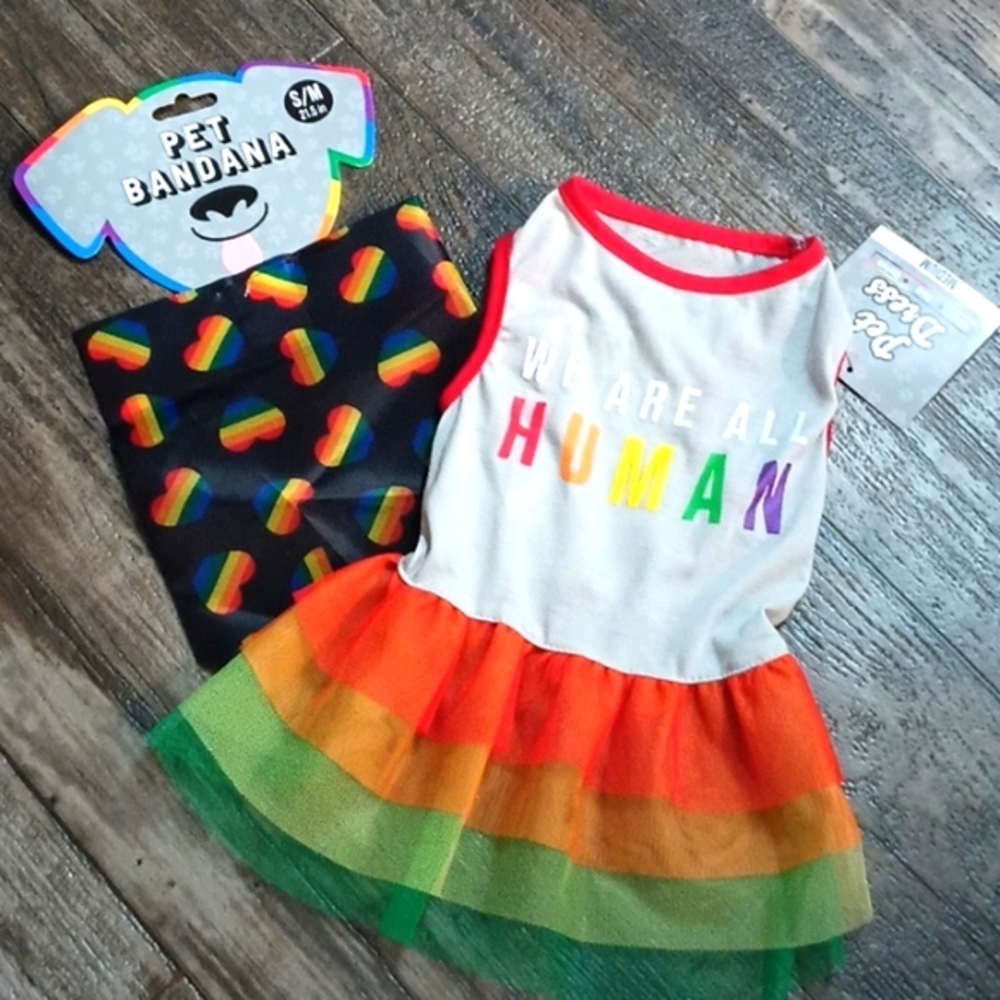 2pc Set, WE ARE ALL HUMAN Pet Bandana and Pet Dress for Feline or Canine